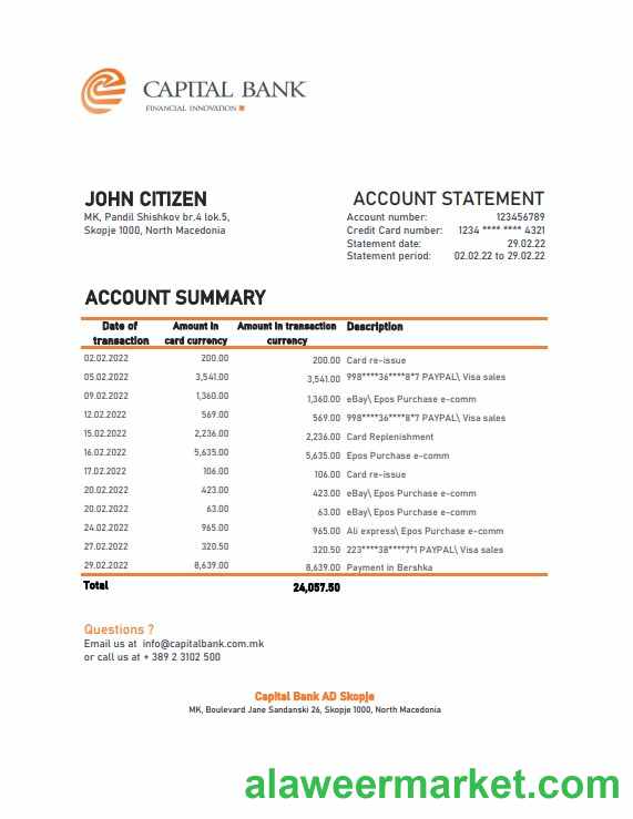 North Macedonia Capital Bank statement Excel and PDF template